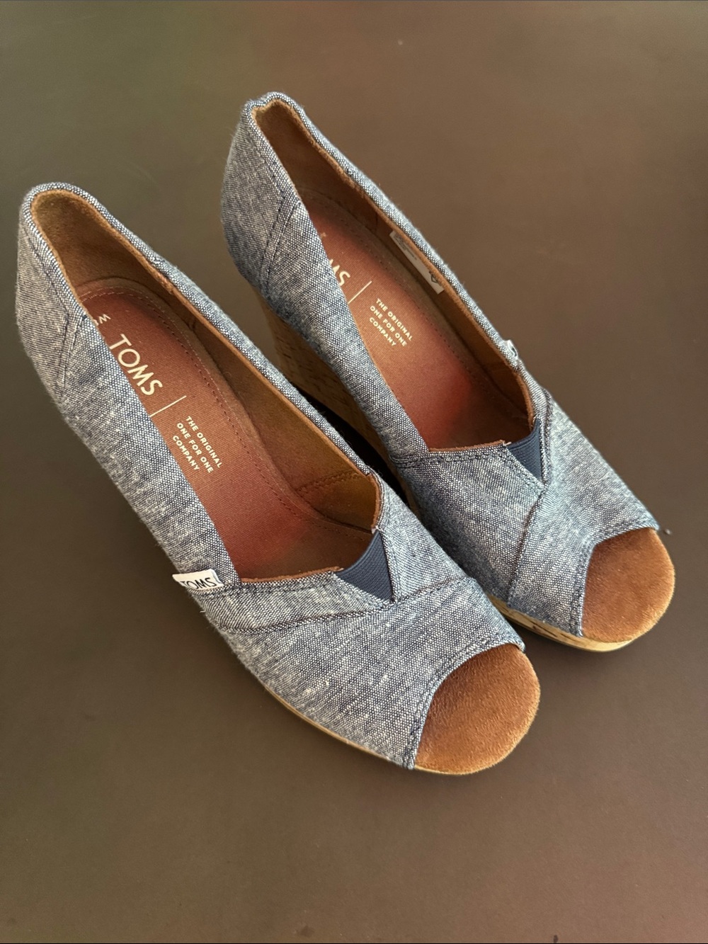TOMS Women's Chambray Peep-Toe Wedge Heels in Blue and Brown